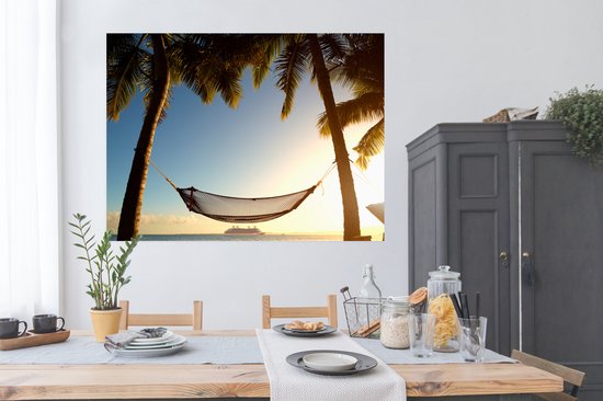 Hamac suspendu entre les palmiers Poster 160x120 cm - Tirage photo sur Poster (décoration murale salon / chambre) XXL / Grand format! / Mer et plage