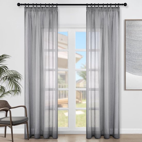 DWCN Voile gordijnen met plooiband, linnenlook, 2 stuks, halftransparant, voor woonkamer, doorzichtige gordijnen, extra lang, zwart, 260 x 140 cm