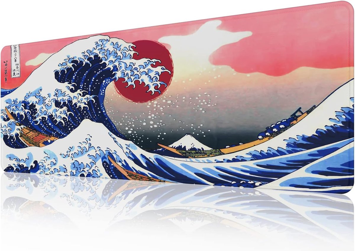 Japanse kunst Kanagawa Surfen Muismat (800 × 300 × 3 mm) Geavanceerde grote muismat bureaumat, genaaide randen muismat, antislip rubberen basis, toetsenbordpad, gaming muismat XL