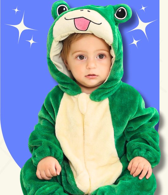 BoefieBoef Kikker Dieren Onesie & Pyjama voor Baby & Dreumes en Peuter tm 18 maanden - Kinder Verkleedkleding - Dieren Kostuum Pak - Groen Geel