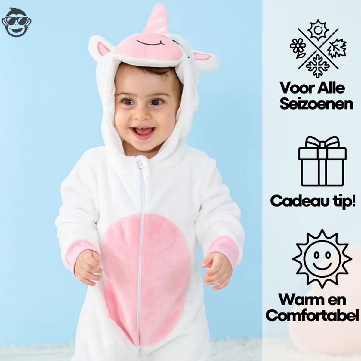 BoefieBoef Dieren Onesie Pyjama Kinderen 6m-2jr – Eenhoorn wit – Verkleedkleding met Luierrits – Carnaval Dierenpak - Kerst en Kraamcadeau Tip – Zacht Flanel - Romper - Boxpak - Jongens - Meisjes — afbeelding 3