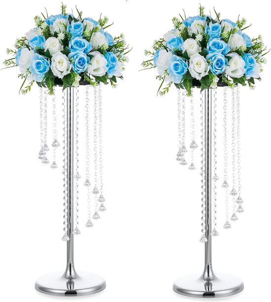 2 stuks bruiloftsmiddelstukken, zilveren vazen, 70 cm hoge kristallen bloemenvaas, metalen bloemenstandaard voor feesttafeldecoraties, elegante massa-bruiloftsdecoratie, tafelkroonluchter