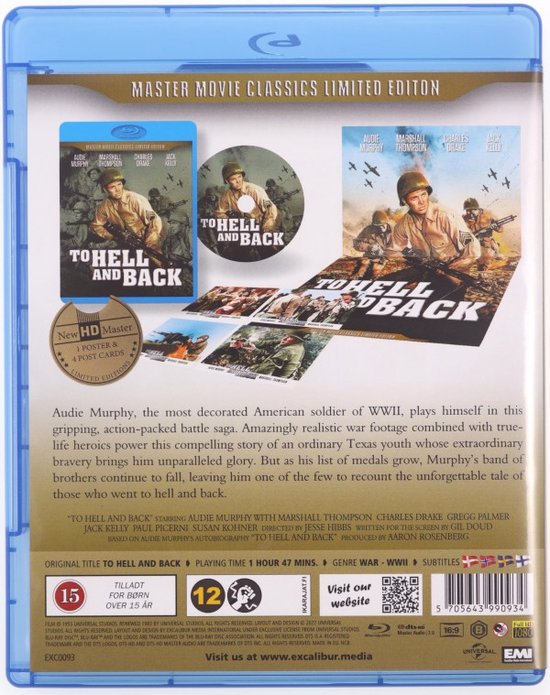 De achterkant van een Blu-ray hoes voor 'To Hell and Back'. Bevat de hoofdrolspelers Audie Murphy, Marshall Thompson en Charles Drake in uniform.