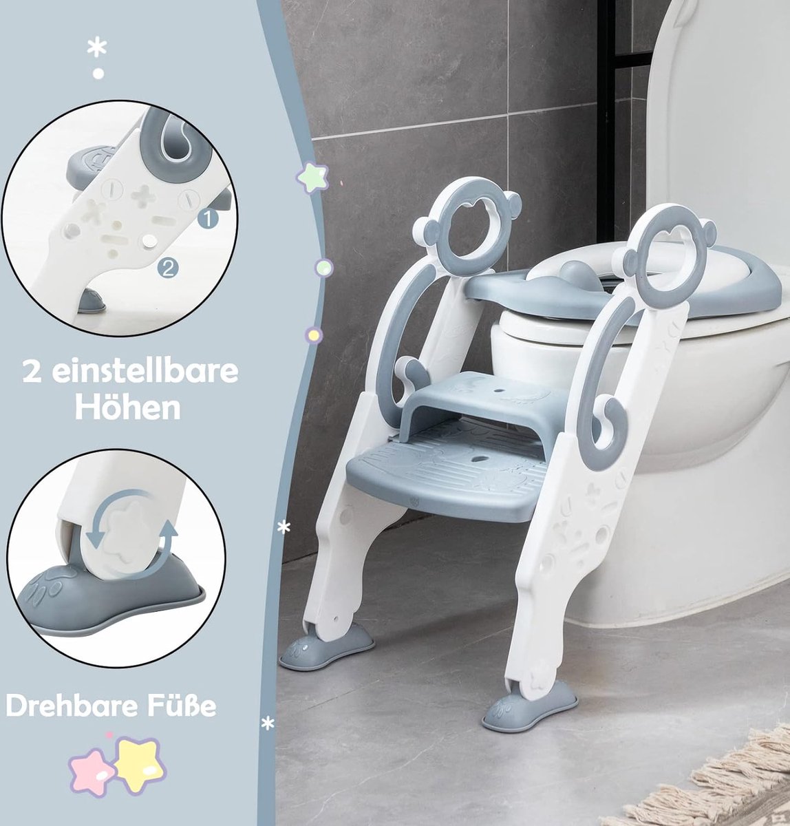 Toiletbril voor kinderen, met trap - verstelbare toilettrainer met PU zitkussen, antislip, voor jongens en meisjes