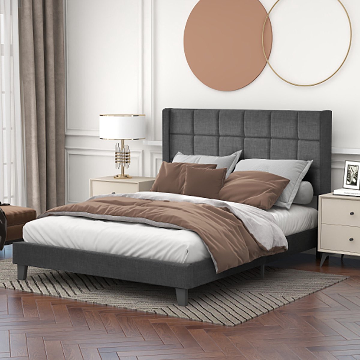 Sweiko gestoffeerd bed met gestoffeerd hoofdeinde tweepersoonsbed met lattenbodem, 140x200cm, in grijs linnen, medium stevig (zonder matras)