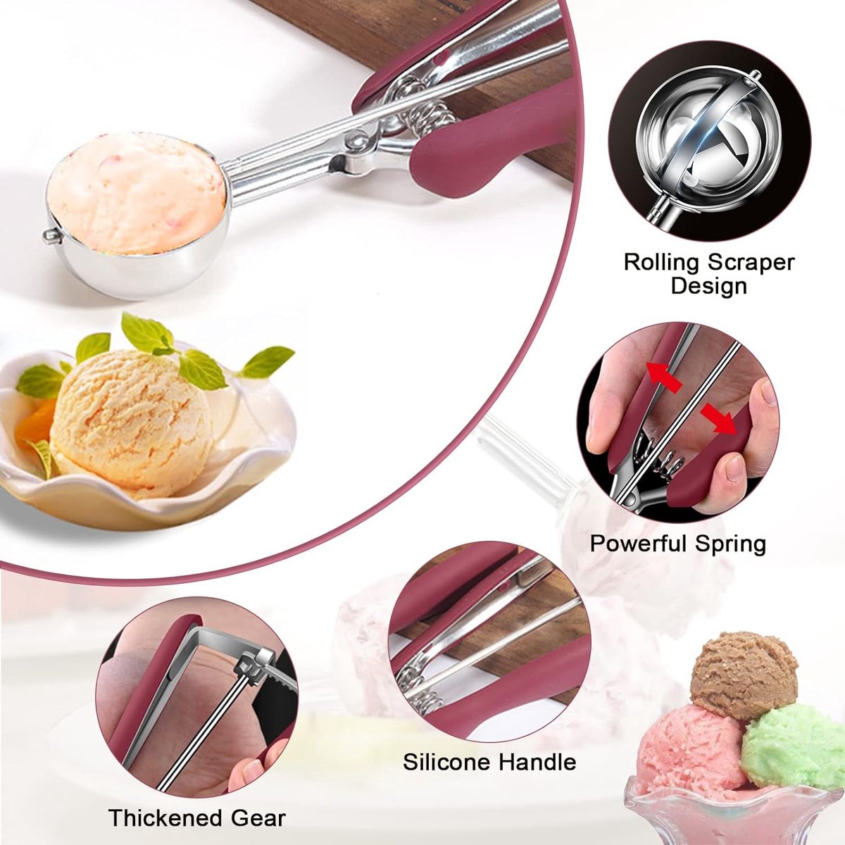 Cuillère à Glace En Acier Inoxydable Avec éjecteur - Pour Boules De Glace, Sorbet, Pâte à Cookie - 18,5 Cm