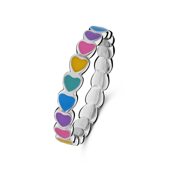 Lucardi Kinder Zilveren ring gekleurde emaille hartjes - Ring - 925 Zilver - Zilverkleurig - 14 / 44 mm