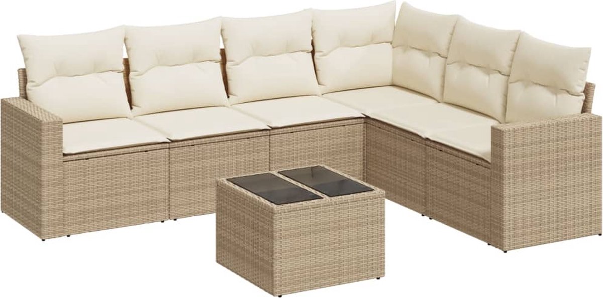 vidaXL 7-delige - Loungeset - met - kussens - poly - rattan - beige