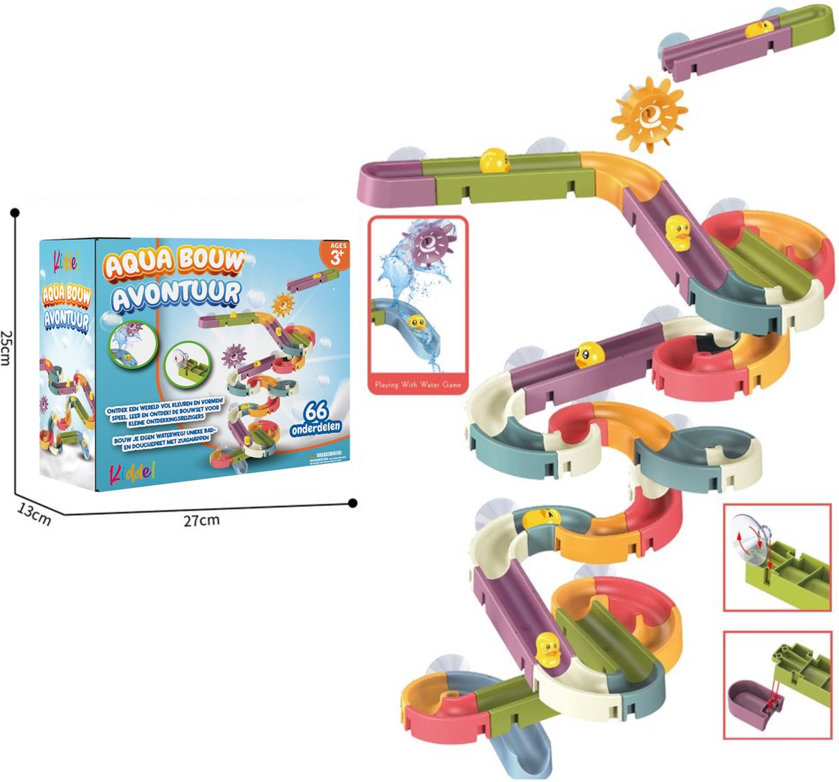 Kiddel XL Waterbaan & Glijbaan Badset – 66-delige DIY Waterbaan met Eendjes – Knikkerbaan Montessori Badspeelgoed voor Kinderen vanaf 3 Jaar — afbeelding 3