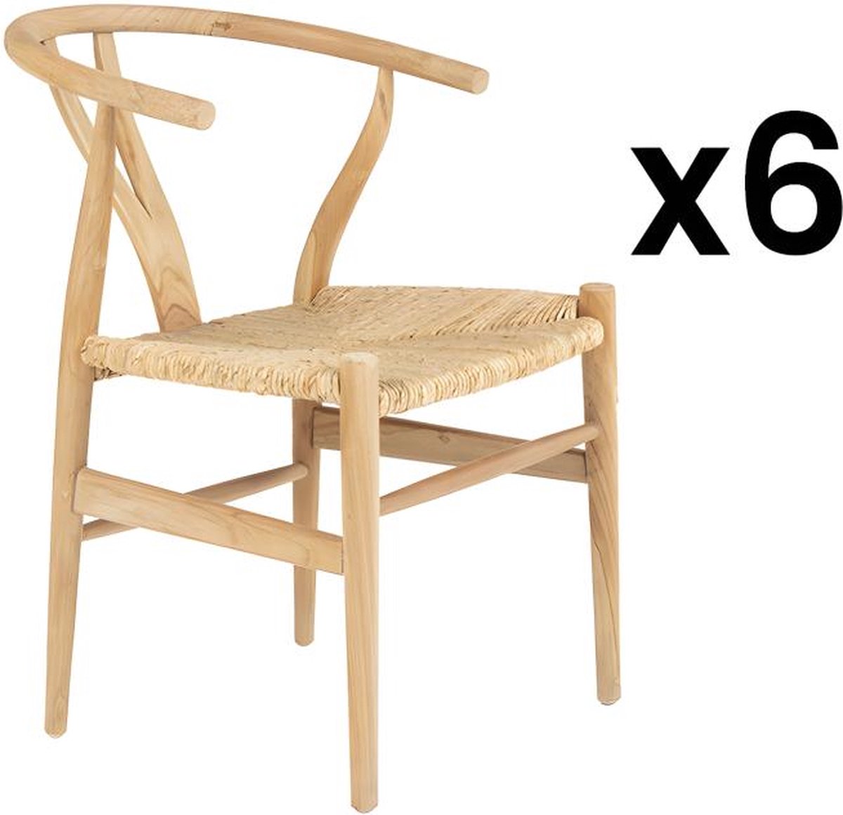 Vente-unique Set van 6 stoelen van teakhout en riet - Kleur: naturel - POGIANA