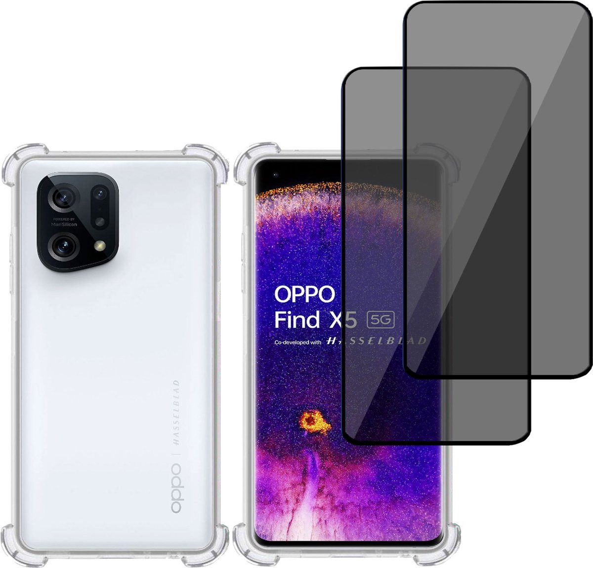 Geschikt voor OPPO Find X5 - Hoesje + 2x Screenprotector – Gehard Glas Cover + Shock Proof Case - Transparant