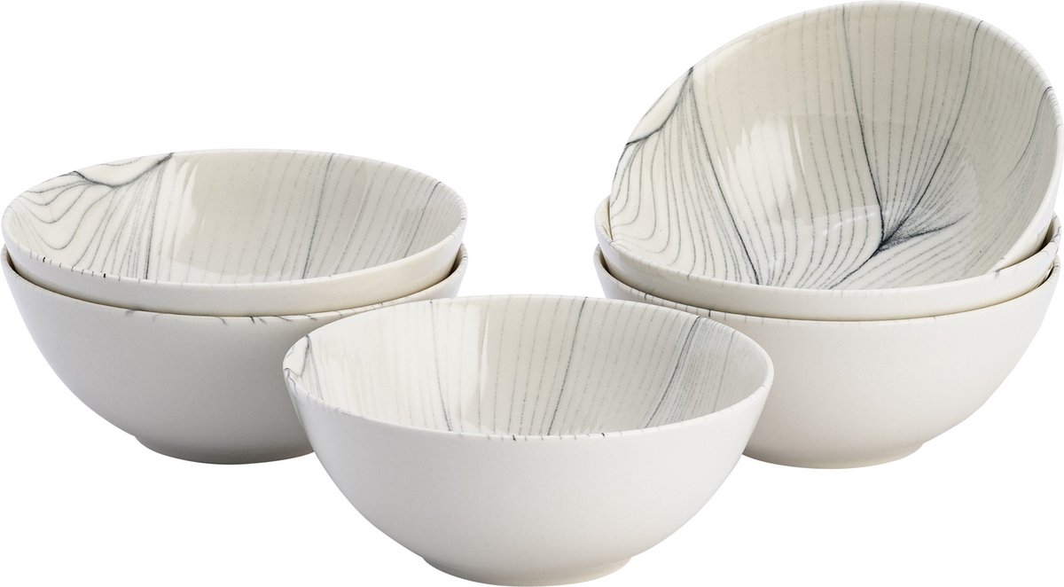 Lite-Body Kom Hermes 500ml set van 6 Fine Porselein Wit reliëf grijs
