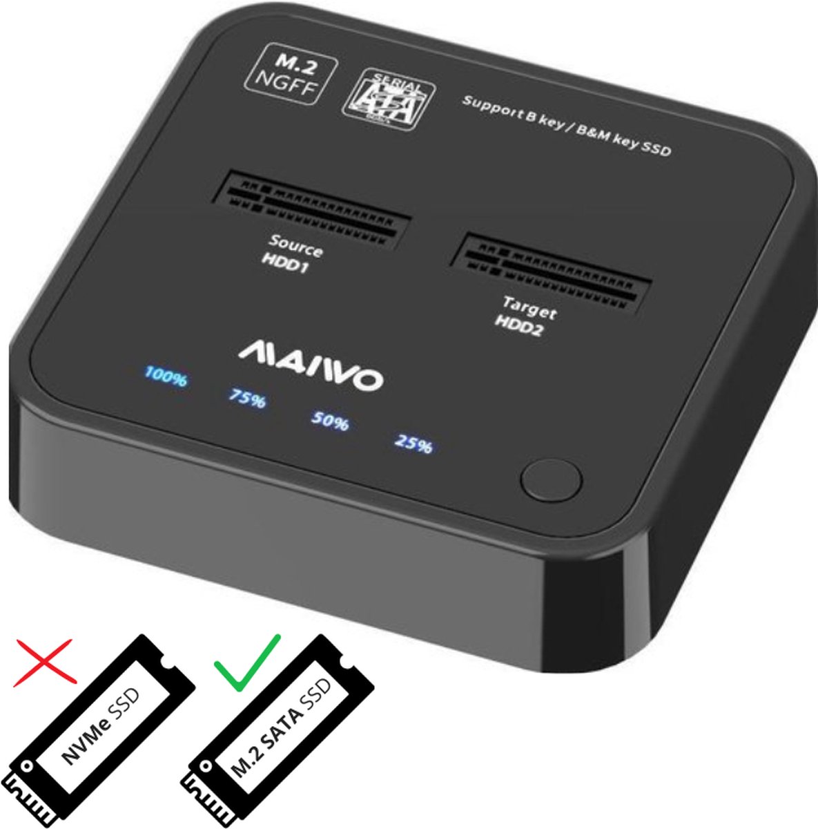 Maiwo K3016S Docking Station voor het klonen van M.2 SATA - SSD - B + M Key - Zwart