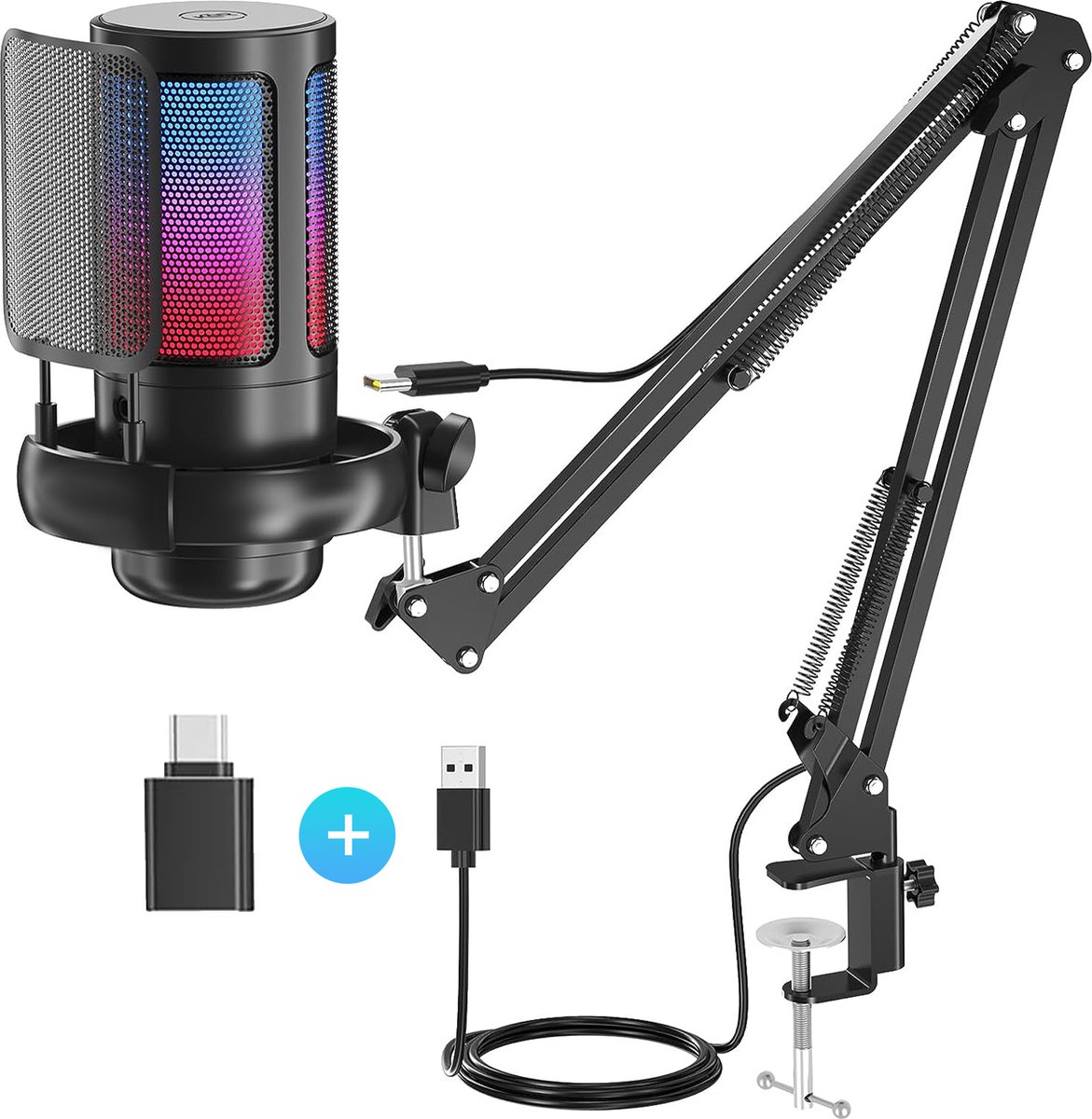 Strolox® Microfoon met arm - USB - gaming - RGB Condensatormicrofoon - met Mute-Knop, Popfilter, Microfoonarm - Luxe microfoon - Strolox