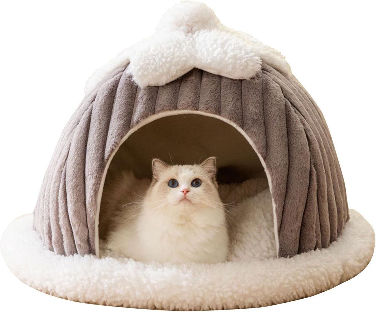 ALLSOPETS Opvouwbaar Katten- En Hondenhuis – Warm Iglo Bed Met Dik Kussen, Afneembare Hoes (Bruin, Maat L Tot 10 Kg)