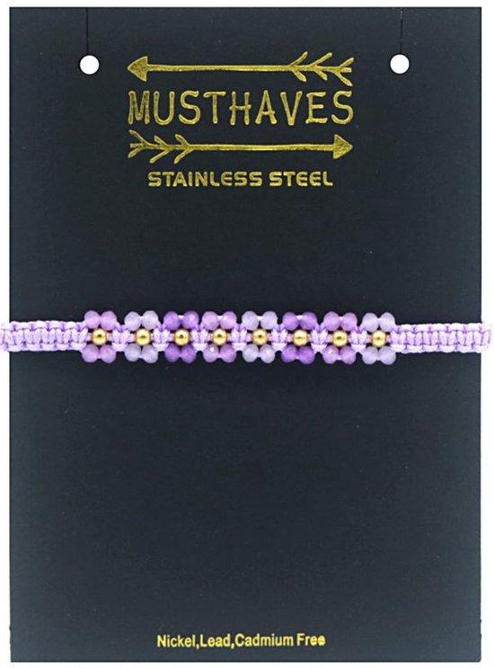 Zwarte verpakking met MustHaves Stainless Steel logo; armband met lavendelkleurige bloemkraaltjes en goudkleurige kralen aan een koord.