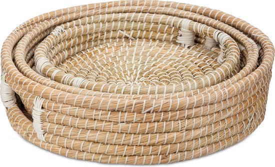 Relaxdays dienblad set van 3, zeegras, 43 cm, handgrepen, decoratief, gevlochten serveerblad, hoge rand, rond, natuur
