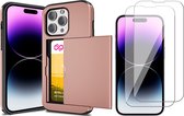 Hoesje met Pasjeshouder geschikt voor iPhone 15 Pro - 2x Screen Protector GlassGuard - Back Cover SlideCase Roségoud & Screenprotector