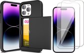 Hoesje met Pasjeshouder geschikt voor iPhone 15 Pro Max - 2x Screen Protector GlassGuard - Back Cover SlideCase Zwart & Screenprotector