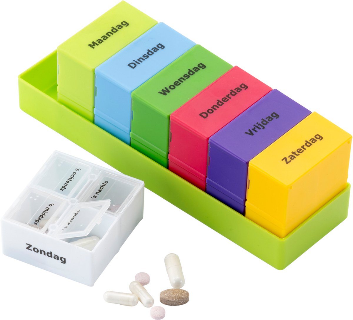 Goedkoopste Ruim pillendoosje / Medicijnendoosje Nederlands | 7 dagen in verschillende kleuren vakjes, 4 vakken per dag | Pillendoos | Pillen box | Medicijndoos | Medicijn box