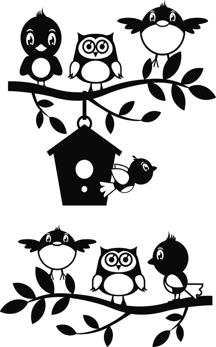 Looster-art&design Raamsticker - muursticker vrolijke vogels op tak - uil - vogelhuisje - veranda zwart