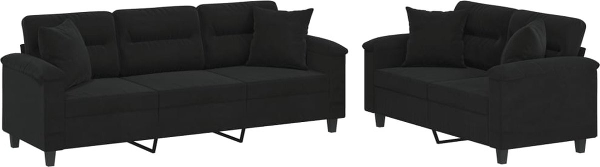 vidaXL - 2-delige - Loungeset - met - kussens - microvezelstof - zwart