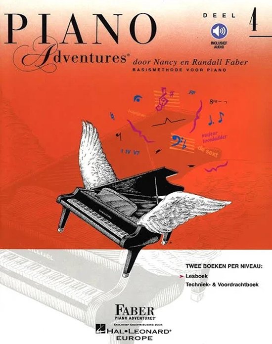 Couverture de livre 'Piano Adventures Niveau 4'. Un piano à queue noir avec des ailes blanches vole sur fond orange avec des notes de musique.