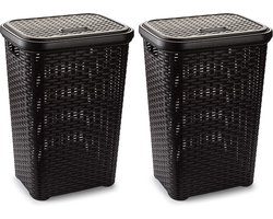 Plasticforte Wasmand met deksel - 2x stuks - 60 liter - donkerbruin - rotan - kunststof - L35 x B43 x H62 cm