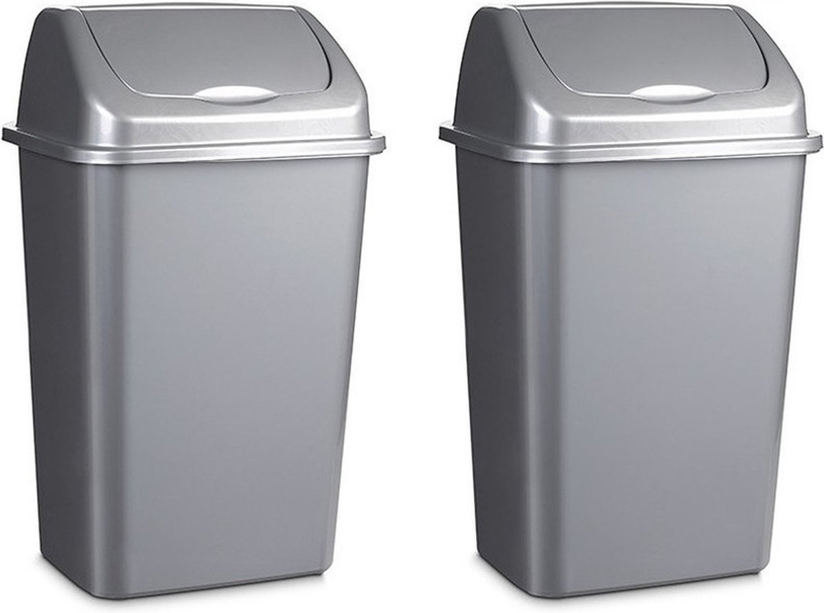 Goedkoopste 2x stuks kunststof afvalemmers/vuilnisemmers in het zilver van 50 liter met deksel - Vuilnisbakken/prullenbakken - 40 x 35 x 68 cm