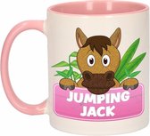 1x Jumping Jack beker / mok - roze met wit - 300 ml keramiek - paarden bekers
