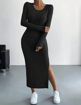 Sexy corrigerende warme geplisseerde stretch trui jurk zwart met split maat L model 01