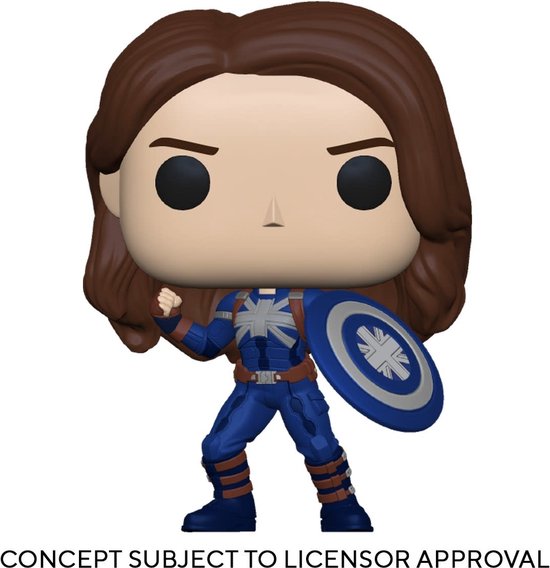 Pop! Captain Carter Stealth met blauw uniform, witte ster op borst, Britse vlag schild, bruin haar.