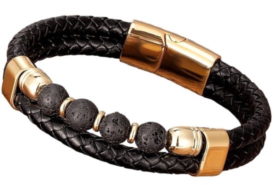 Bracelet Homme - Pierres - Cuir et acier inoxydable - Longueur 21 cm - Zwart et Doré