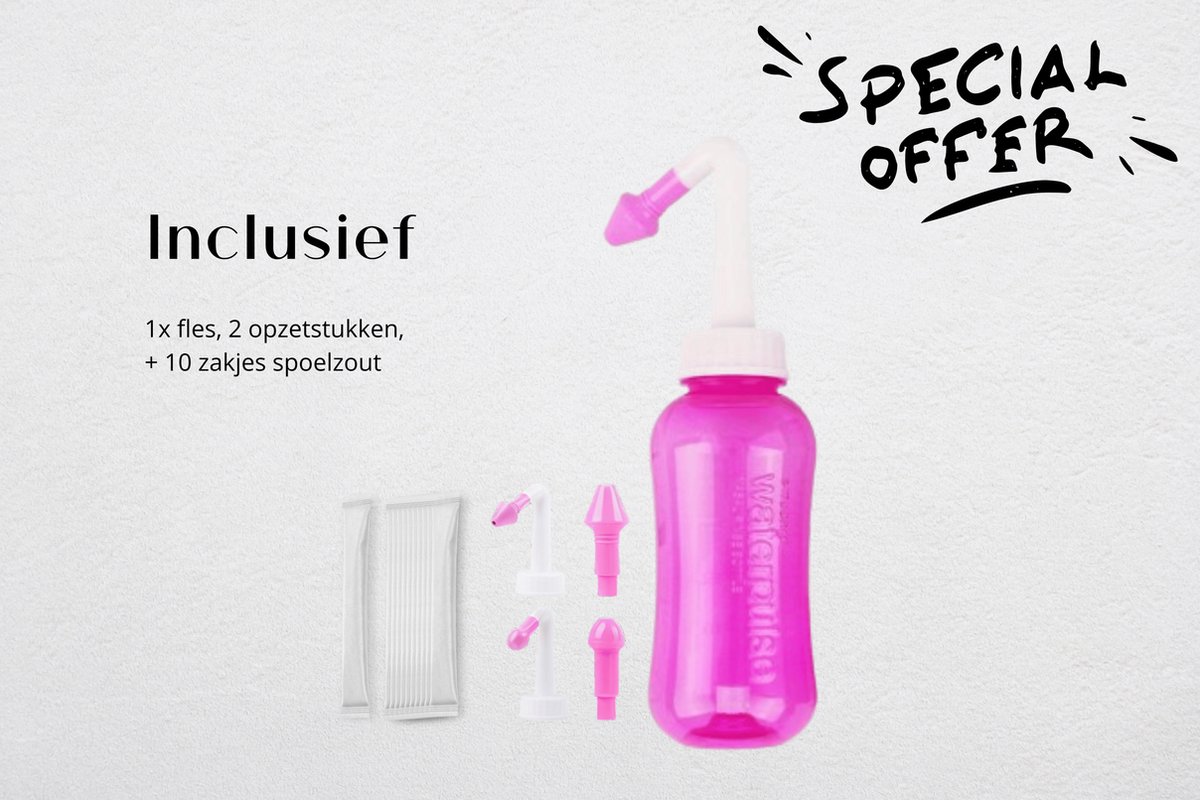 Goedkoopste Neusdouche met 10 Extra Zoutzakjes - Neusspoeler voor Hooikoorts en Verstopte Neus – Neusreiniger - voor Volwassenen en Kinderen – Neuspomp – Roze - 300 ml