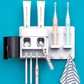 Automatic Toothpaste Dispenser, Toothbrush Holder Wall Mounted with Dustproof Cover and 2 Toothpaste Squeezers, 2 Electric Toothbrush Holders and 4 Toothbrush Organizer Slots