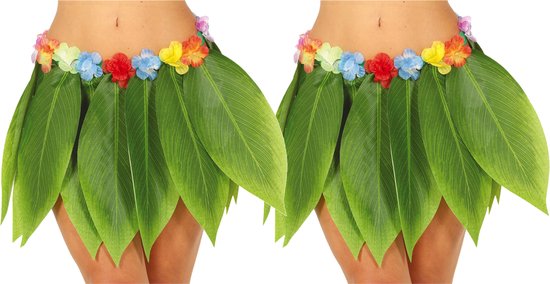 Fiestas Guirca Hawaii verkleed rokje met bladeren - 2x - volwassenen - groen - 38cm - hoela rok