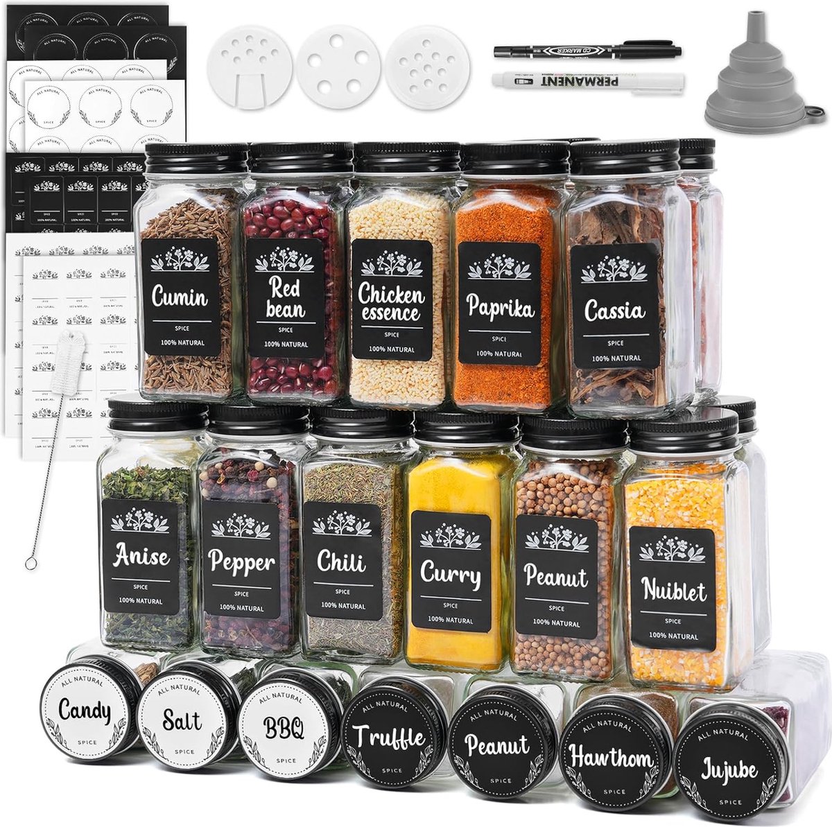 Kruidenpotjes, vierkant, 24-delig, 120 ml, zwart deksel, kruidenpotjes met doe-het-zelf etiketten, strooi-inzetstuk, krijtstift, trechter en borstel, kruidenstrooier, kruidenpotjes,