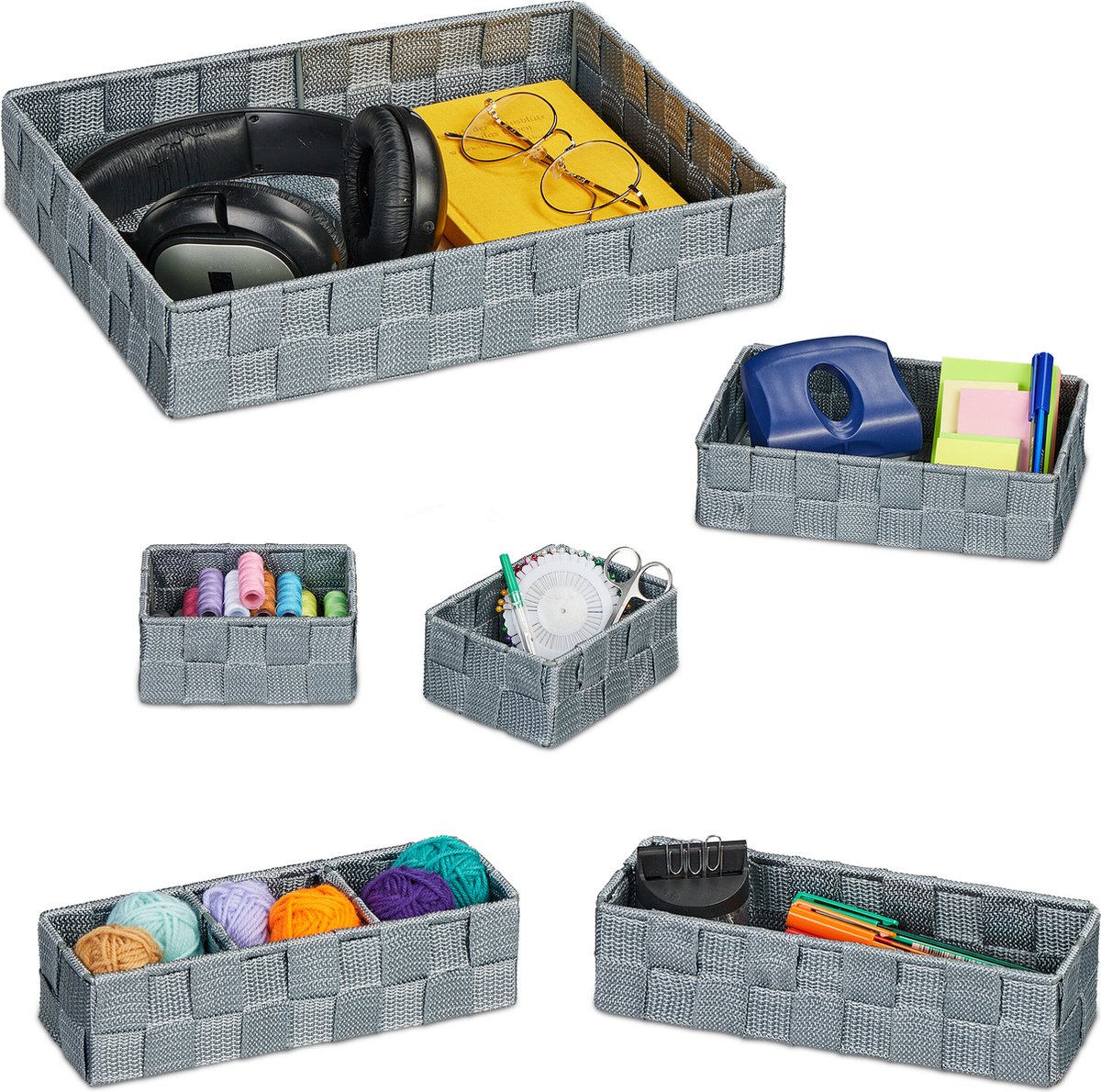mandjes badkamer - set van 6 - gevlochten - 4 groottes - kunststof - grijs
