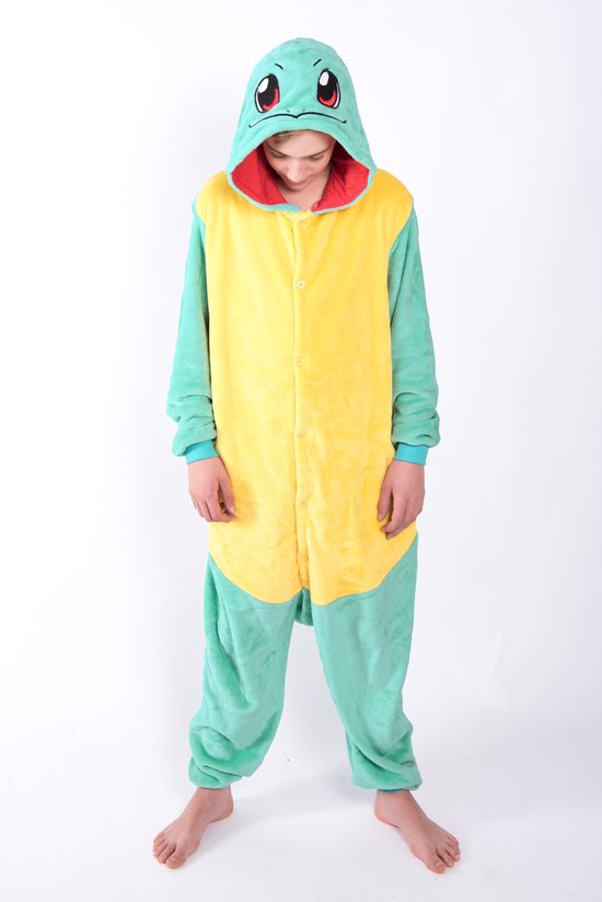 KIMU Onesie Schildpad Pak Kind - Maat 152-158 - Schildpadpak Kostuum Groen Geel - Huispak Pyjama Jumpsuit Jongen Meisje Fleece Festival