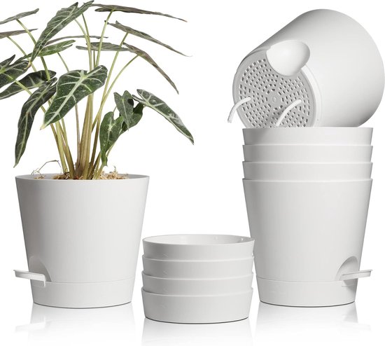 CSYY Bloempot, 7 stuks, kunststof, met irrigatiesysteem, 20,3/19/17,7/16, 5/15,2/14/12,7 cm, zelfbewatering, sierpot met onderzetter, geschikt voor binnen en buiten