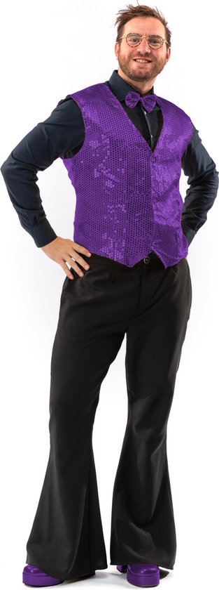 Original Replicas - Glitter & Glamour Kostuum - Paillettenvest Met Strik Purple Star Man - Paars - Small - Kerst - Verkleedkleding