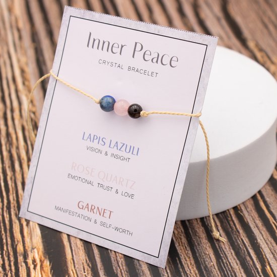 Bixorp "Inner Peace" Cadeau Armband - Innerlijke Vrede - Edelsteen Armbandje op kaartje - Lapis Lazuli, Rozenkwarts & Granaat