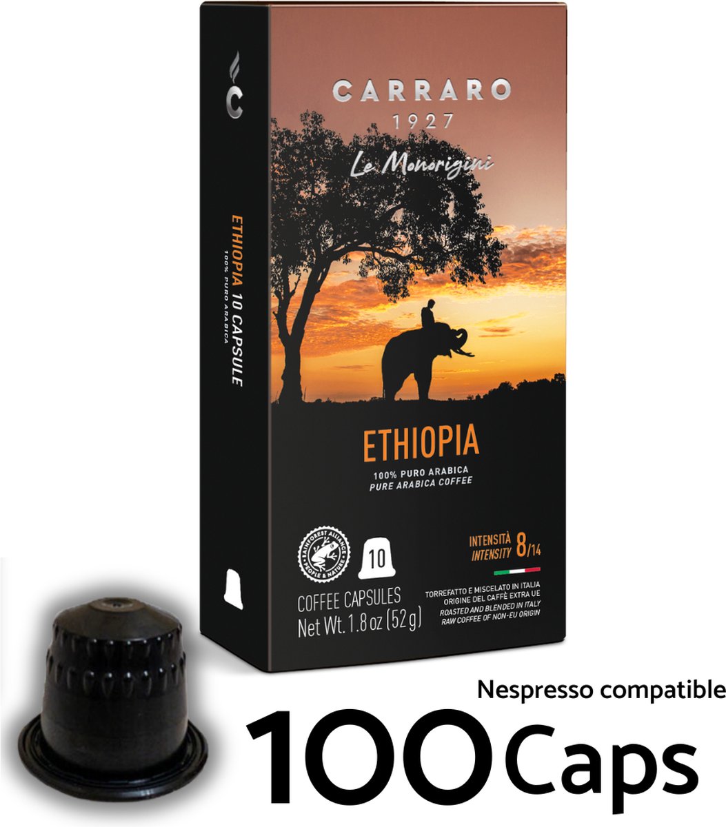 100x Koffiecups (Nespresso® Compatibel) - Caffe Carraro 1927 Ethiopië Single Origin Koffie capsules - - Espresso en Lungo - Intensiteit 8/14 - Made in Italy - Voor Nespresso Inissia, Citiz, Essenza, Pixie, Creatista ...