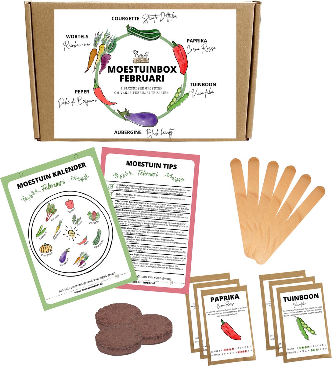 Moestuinbox Februari: zaden pakket - biologische zaden - 6 zakjes bijzondere zaden om te zaaien vanaf februari - voor moestuin of pot - met gratis zaaikalender -Paprika, Courgette, Aubergine, Tuinbonen, Peper en Wortel mix