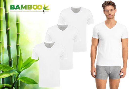 T-Shirt Heren - V Hals - 3 Pack - Wit - M - Bamboe Ondershirt Heren - Extra Lang - V-Neck - Anti Zweet T-shirt Heren