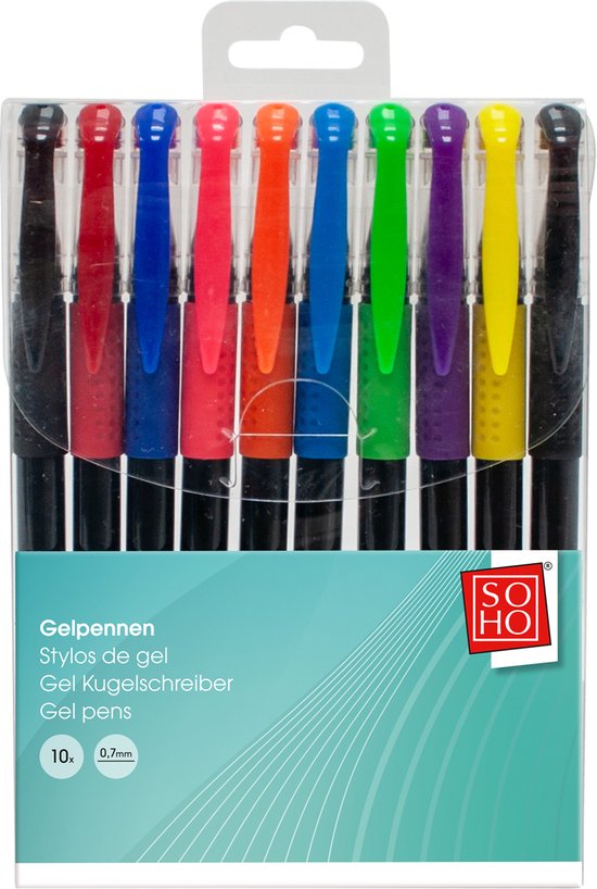 SOHO Gelpennen Set Junior 10 Stuks - Ergonomische grip - Kantoorbenodigdheden - Kantooraccessoires - Hoogwaardig inkt - 0,7 mm Puntdikte - 10 Kleuren