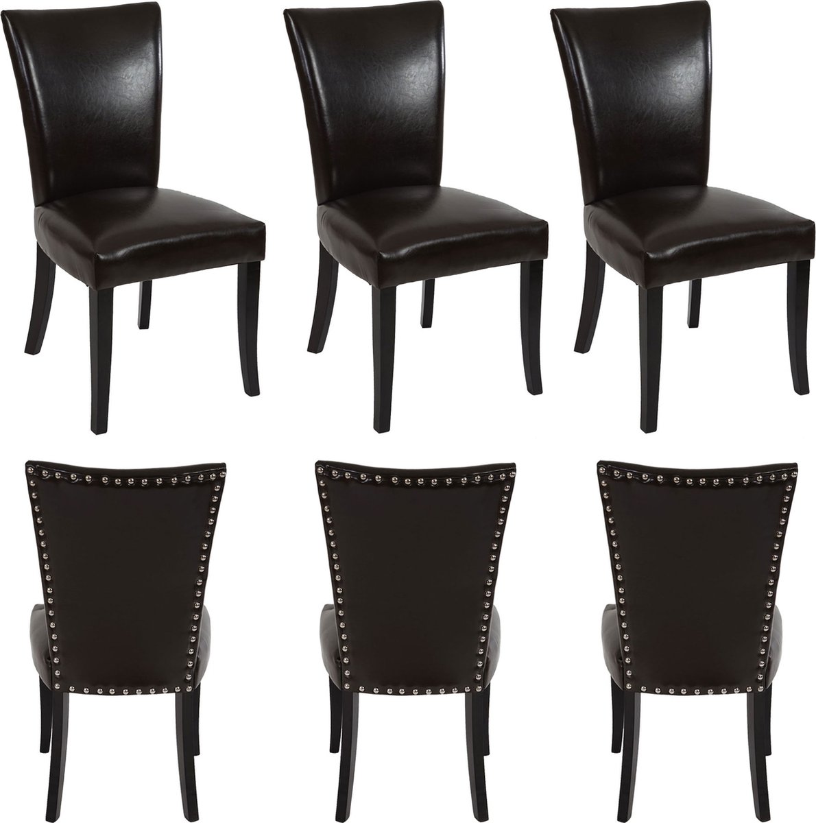 Cosmo Casa Set van 6 eetkamerstoelen Chesterfield - Stoel keukenstoel - Spijkers - Kunstleer - Bruin - Donkere poten