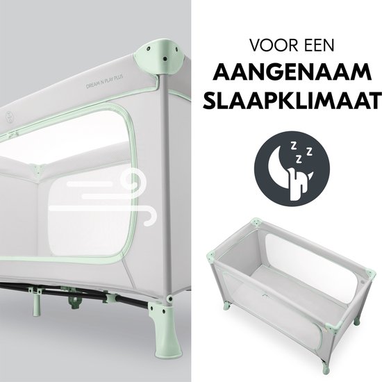 Reisbedje grijs met mintgroene accenten, gaas aan de zijkanten voor ventilatie.