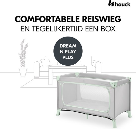 Grijs reisbedje met mintgroene accenten, naast een schematische weergave van een woonkamer.