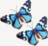 Anna's Collection Wand decoratie vlinder - 2x - blauw - 34 x 21 cm - metaal - muurdecoratie